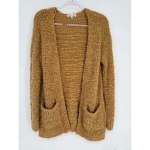 Woven Heart Gold Fuzzy Knit Open Front Cardigan Sweater Women Sz L
